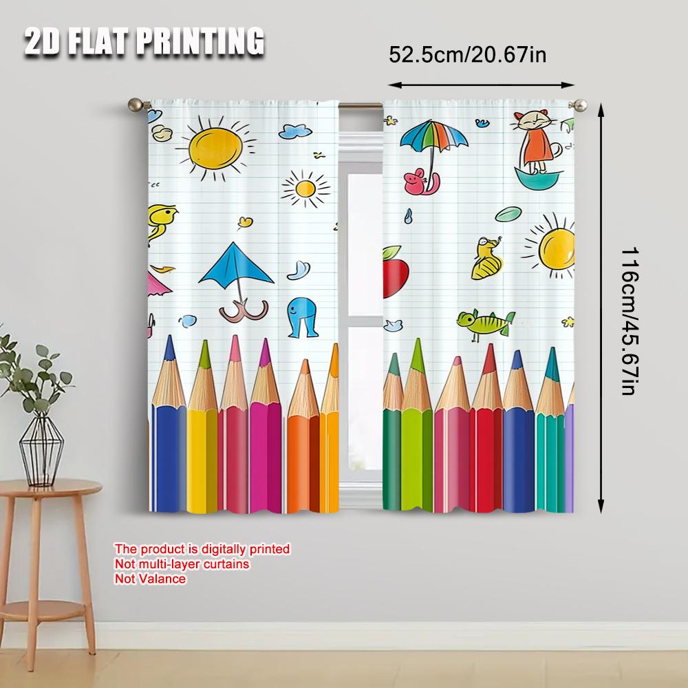 2pcs   Spring Summer Curtains Colorful Drawing Pencils Doodle Light Filtering Sheer Curtains Polyester Easy Install Decorations