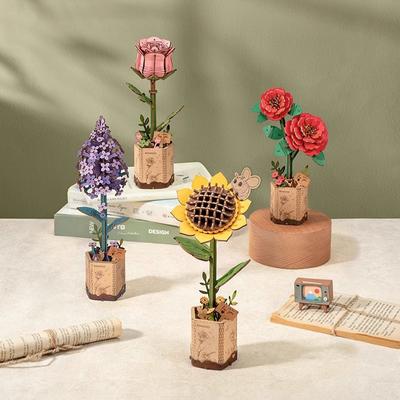 Wood Art Three-Dimensional Puzzle Block Flower Assembly Bouquet Desktop Decoration Children's Puzzle Assembly Toy G229