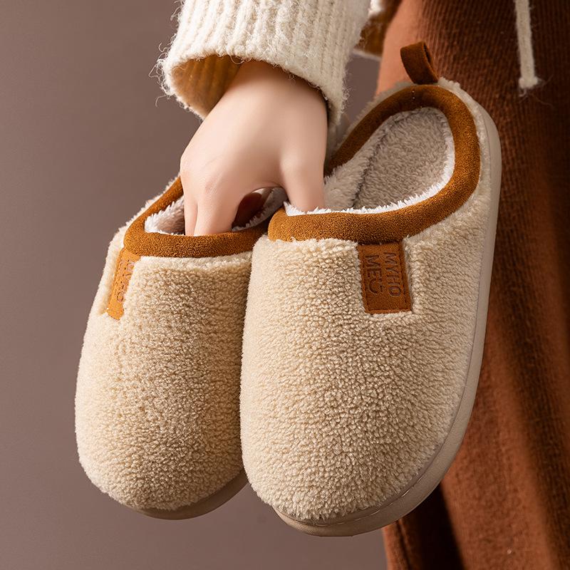 Winter Lamb Wool Cotton Slippers Indoor Home Non-slip Velvet Warm Couple Plush Simple Cotton Drag