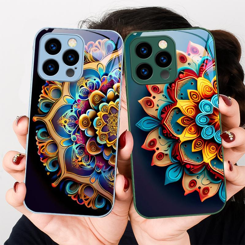 Abstract Flower Green For IPhone 16 Pro Max 15 P Lus 14 Pro 13 12 Mini 11 P Ro Max X XS 7 8 Plus 2022 Tempered Glass Phone Case