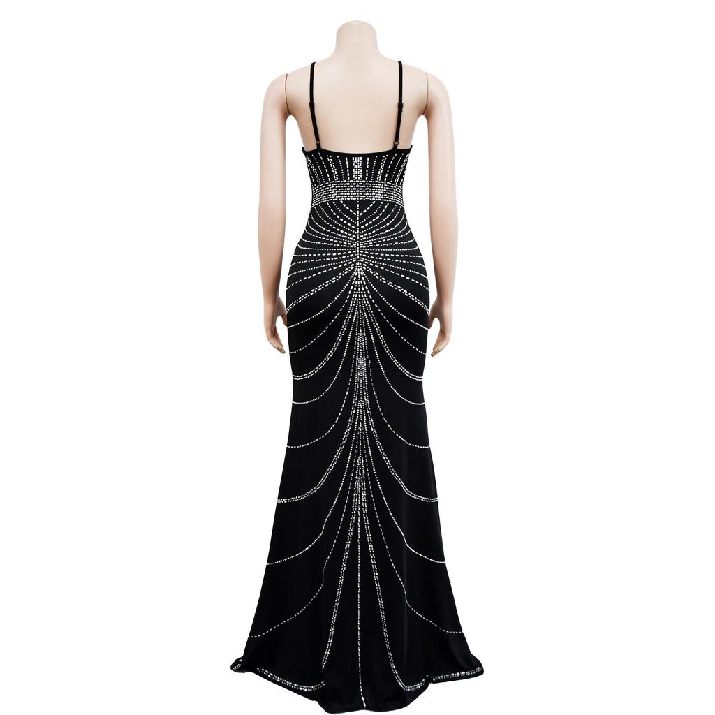 European and American Fashion Women's Sleeveless Rhinestone Spaghetti Strap Backless Long Dress