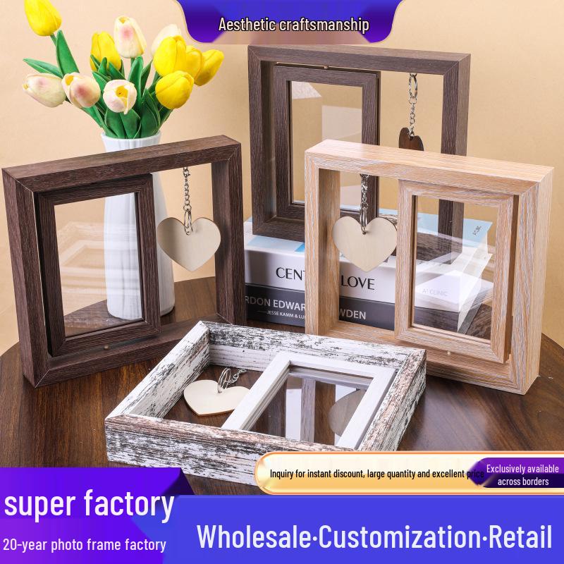Heart-Shaped Double-Sided Rotating Wooden Photo Frame 6 - Personalized Tabletop Decoration Retro Brown Vertical