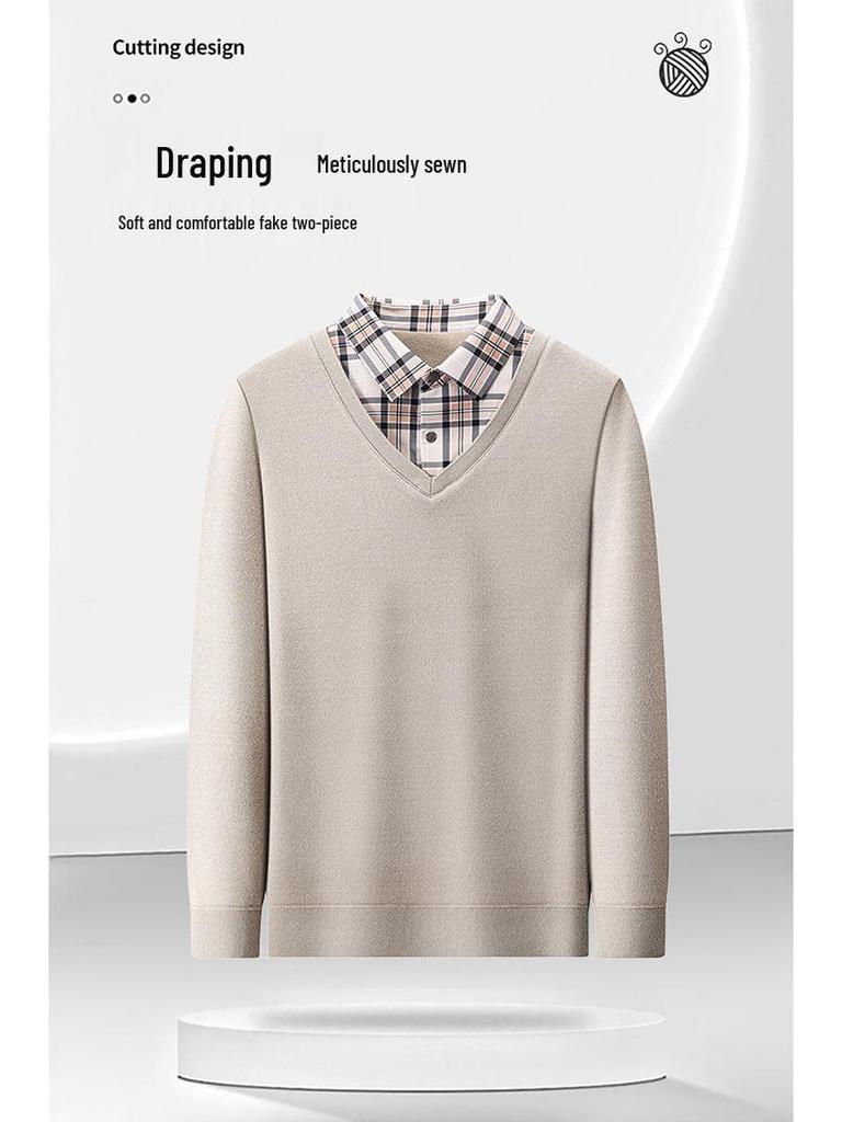 Men's Autumn/Winter Fake Two-Piece Knit Sweater with Velvet Warm Shirt Collar