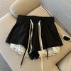 Women's Black Lace Patchwork Wide-Leg, High-Waist Drawstring Shorts