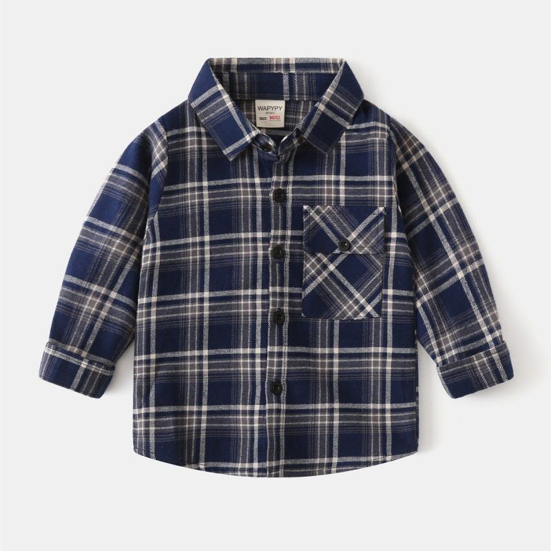 Children's Collared Shirt for Spring and Autumn, Boys' Brushed Plaid Long-Sleeve Shirt, Baby Boy's Square Collar Pure Cotton Casual Top