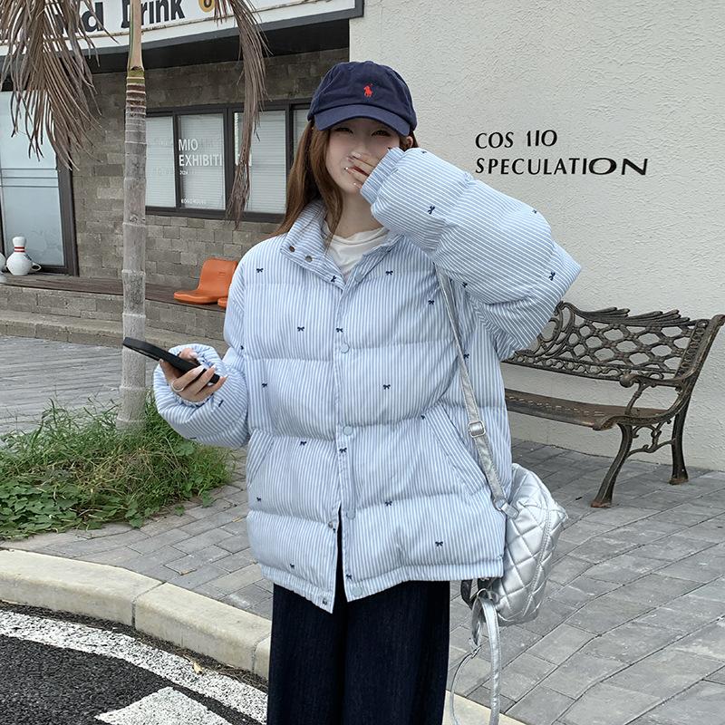 

New blue butterfly retro big fur collar thickened loose short small down cotton clothes women S синий