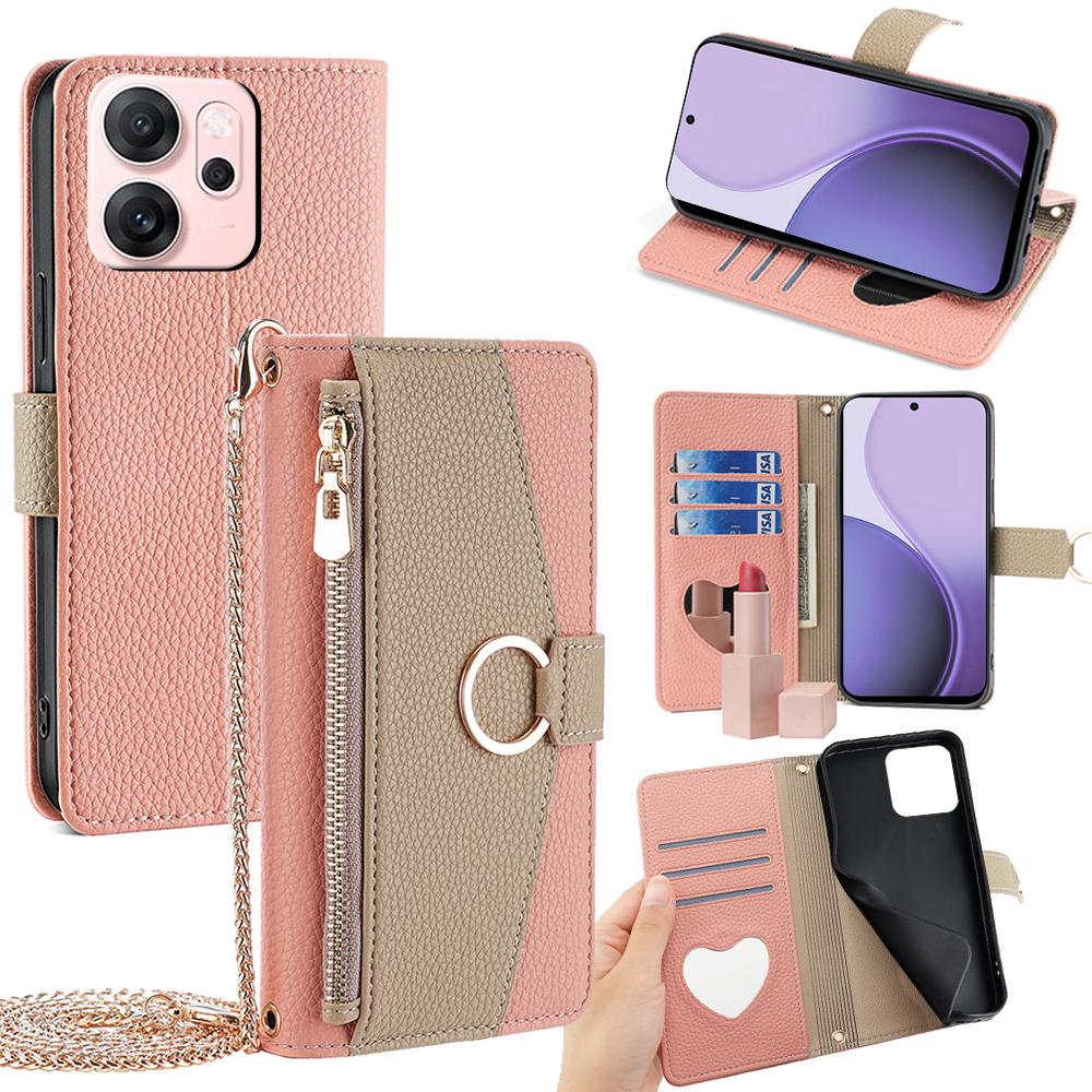 For Oppo Reno14 F 5G Case Mirror Wallet Leather Phone Cover with Chain Shoulder Strap