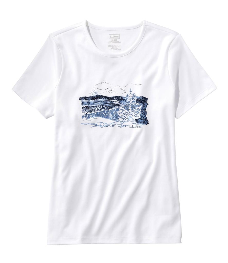 LL Bean Pima Cotton Crew Neck Graphic US Size 1000274571 Women's Tee, Fit, Regular, Small, White/Landscape, White,