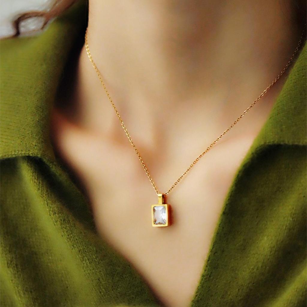 Women's Trendy Square Zircon Crystal Sugar Cube Pendant 18K Gold Plated Stainless Steel Link Chain necklace