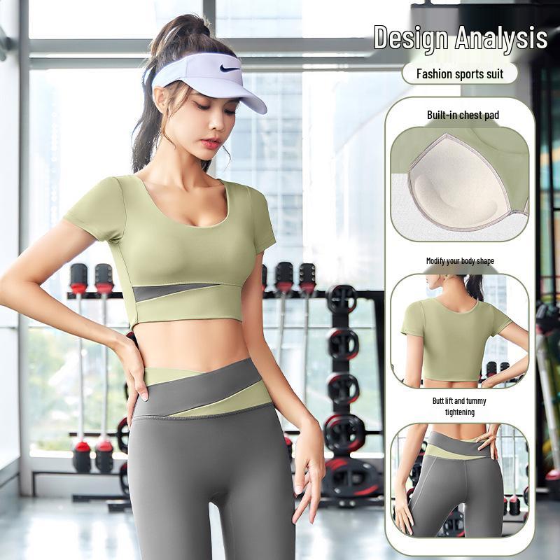 Women's Patchwork Color Block Fitness Set – Cropped Short Sleeve Top & High Waist Hip Lift Sports Pants for Spring/Summer Running & Workouts