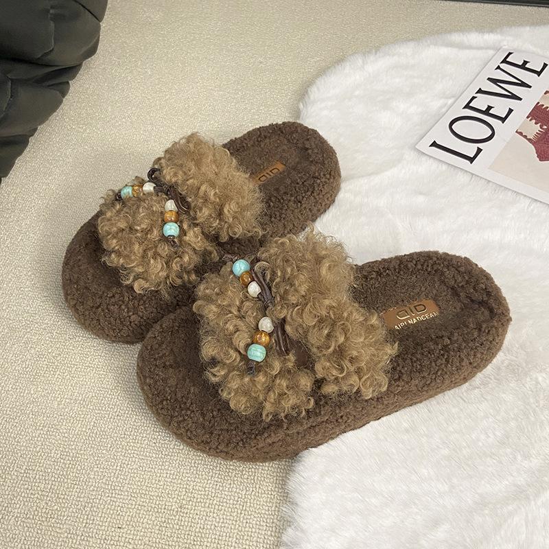 

Пушистые тапочки на толстой подошве для женщин для ношения на улице осенью и зимой 2025 новая модная уличная маленькая булочка плюшевая хлопковая швабра 40 коричневый
