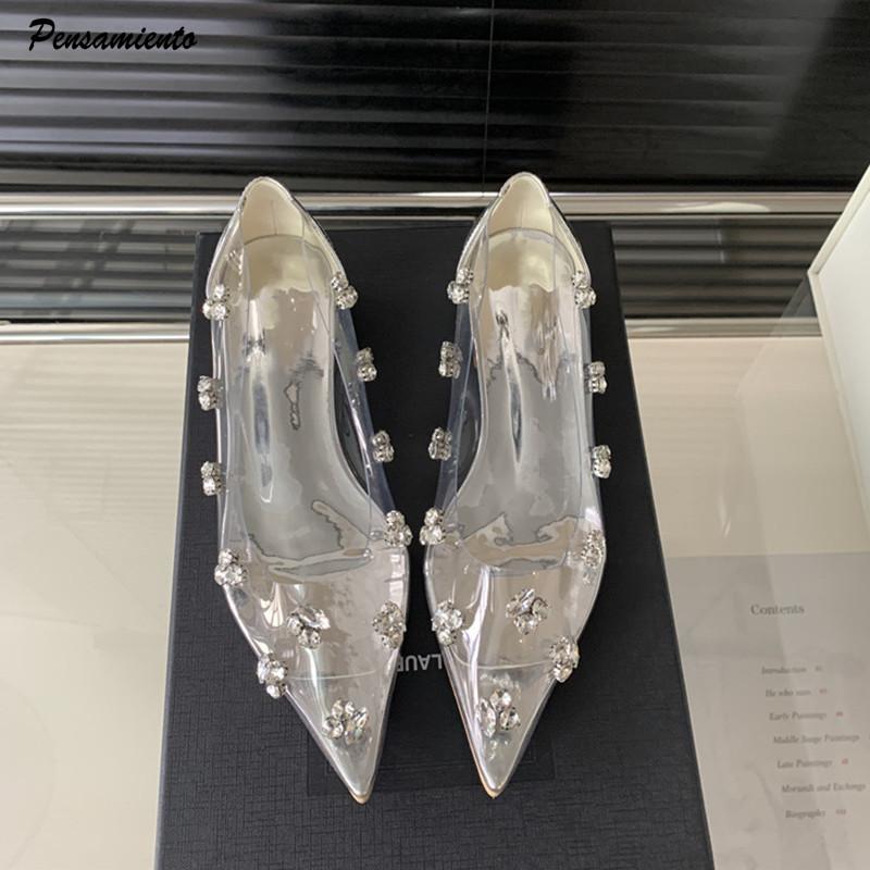 Fashion Luxury Rhinestones Transparent PVC Women Pumps Elegant Pointed toe Low Heeled Crystal Party Shoes Fashion Summer Wedding Shoes