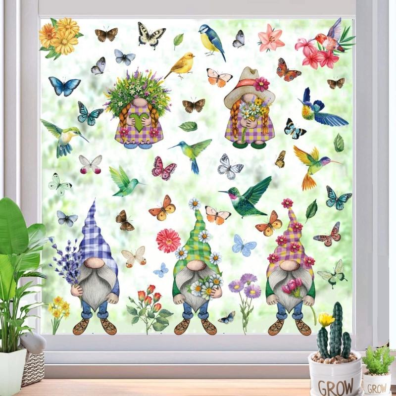 9 Sheets Spring Butterfly Gnomes Static Clings Window Sticker Decal for Bedroom Living Room Festival Home Decorations