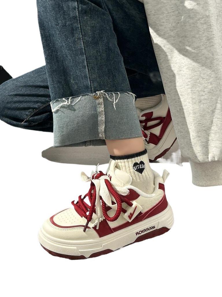 Women's Burgundy Autumn Sneakers: Breathable, Thick-Soled, Versatile Sports Shoes