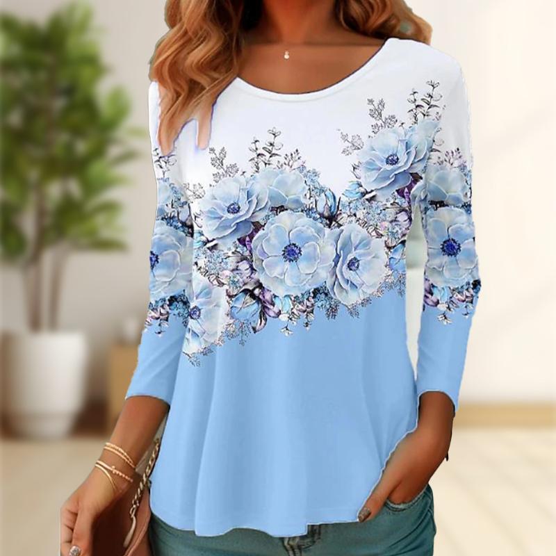

Топы для женщин с принтом камелии, круглым вырезом и длинным рукавом, футболка, осенний повседневный тонкий пуловер, женский топ с длинным рукавом 2XL синий