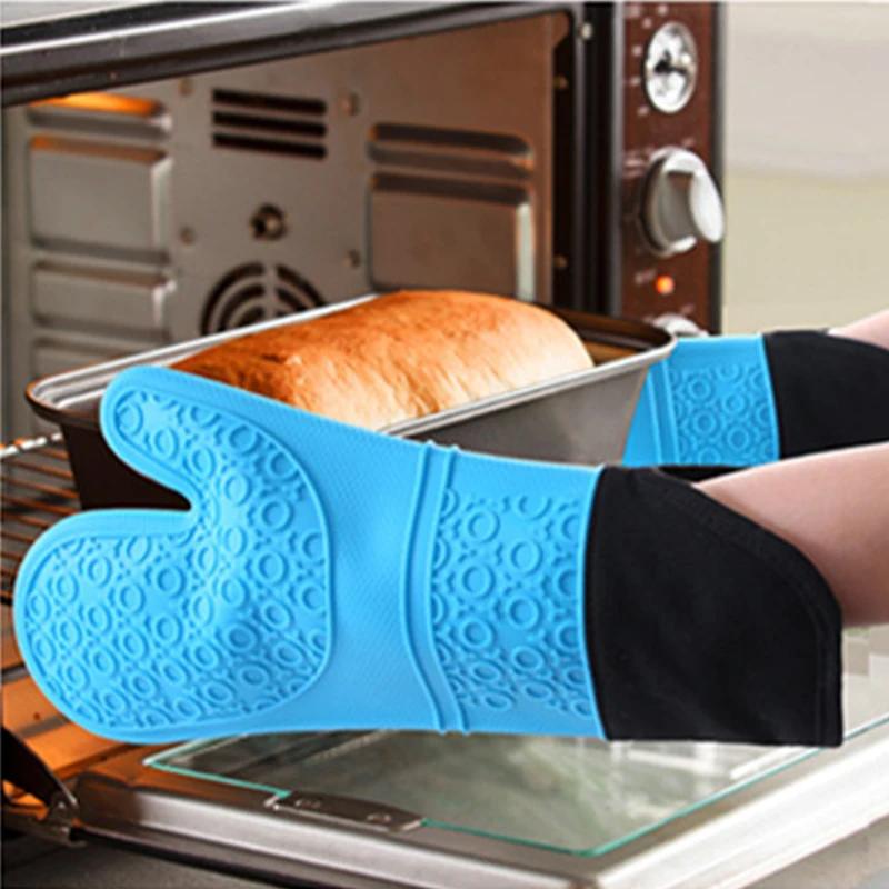 1Pcs Long Silicone Gloves With Cotton Waterproof Kitchen Microwave Mittens Gloves Cooking Bbq Heat-Resistant Gloves Oven Mitts