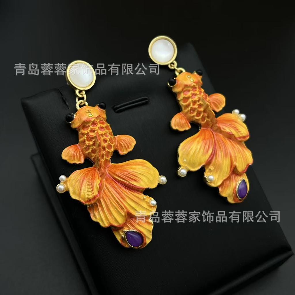 Medieval Jewelry New Chinese Goldfish Koi China-Chic Earrings Traditional Classical Style Delicate Pearl