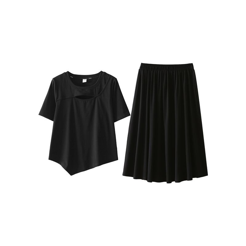 Plus size women clothing [Sports Lazy Set] Summer round Neck Hollow Short sleeve Slimming Irregular Top Skirt