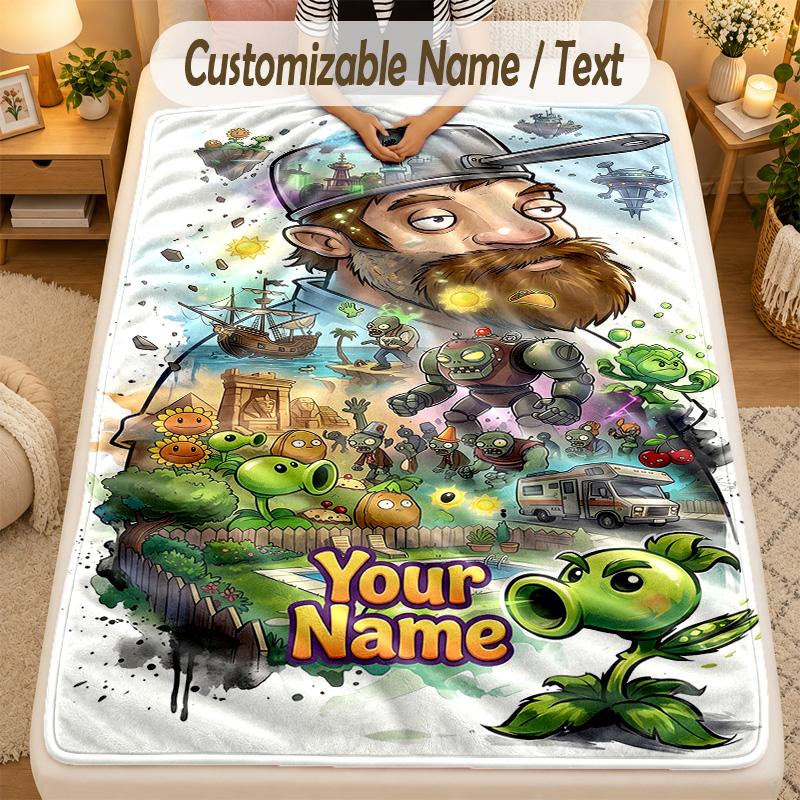 Flannel BlanketPlants vs. Zombies Custom Name Text Personalized Soft Warm Throw Blanket Home Decor Gift