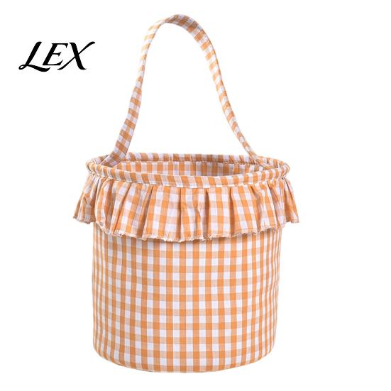 Versatile Household Storage Halloween Basket, Plaid Ruffle Trick or Treat Candy Bucket with Handle Easter Egg Hunt Carriers for Kids, Reusable Gingham