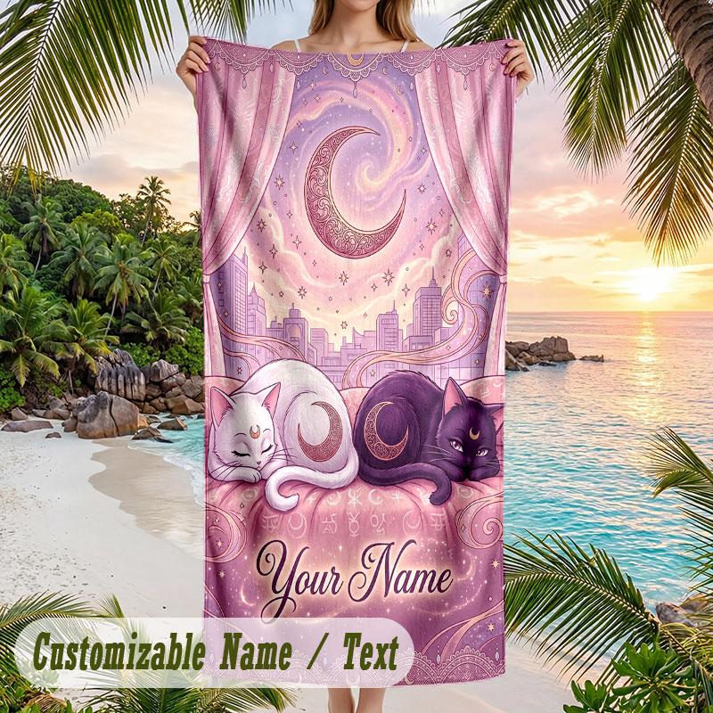 Moonlit Cat Dreams Theme Quick Dry Beach Towel Custom Name Text Print Large Sand Resistant Towel Beach Vacation