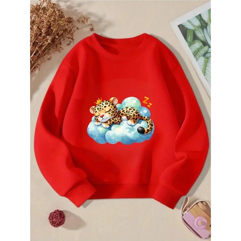 Kids Unisex Crewneck Sweatshirt, Cute Sleeping Leopard With Small Crown Lying On Blue Cloud Zzz Cartoon Print Soft Pullover For Kids Over 4 Years Old