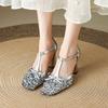 Krazing Pot Paillettenstoff Quadratische Zehenpartie Größe 41 High Heels Bling Glänzend Party Hochzeitsschuhe Herbst Schleife Pumps