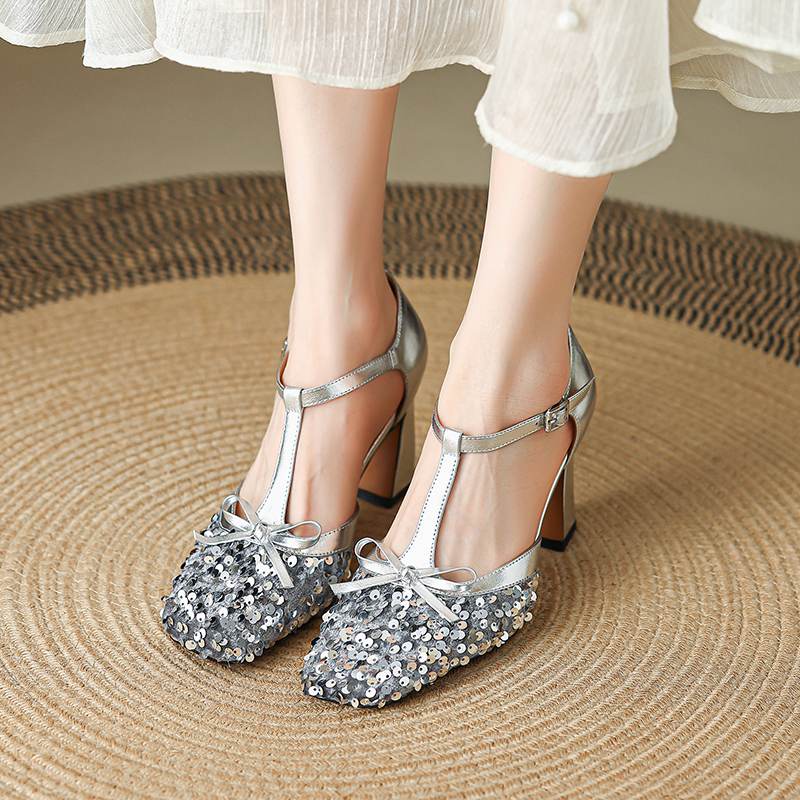 Krazing Pot Paillettenstoff Quadratische Zehenpartie Größe 41 High Heels Bling Glänzend Party Hochzeitsschuhe Herbst Schleife Pumps