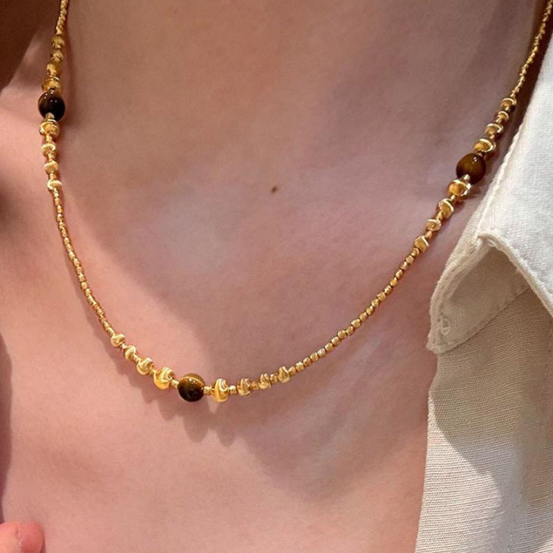 

Vintage design brushed bead tiger eye stone necklace high-end accessories light luxury sweater chain party jewelry gifts золотой