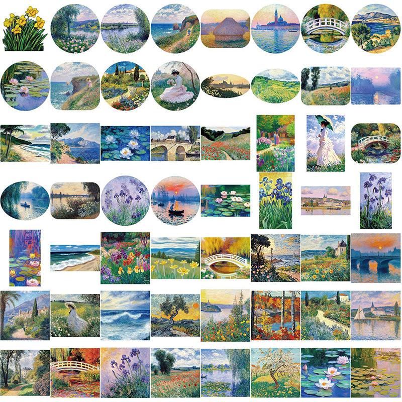 50Pcs Oil Painting Landscape Stickers Waterproof Vinyl Decals For Luggage And Notebooks Assorted Small Sizes Graffiti Stickers