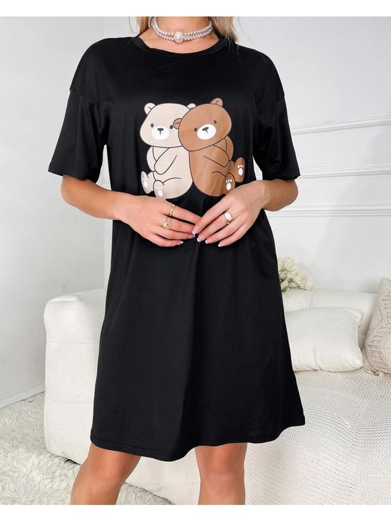 Women's Fashion Cute Bear And Letter 3D Printed Dress Home Daily Plus Size Skirt Casual Loose Short Sleeved Dress