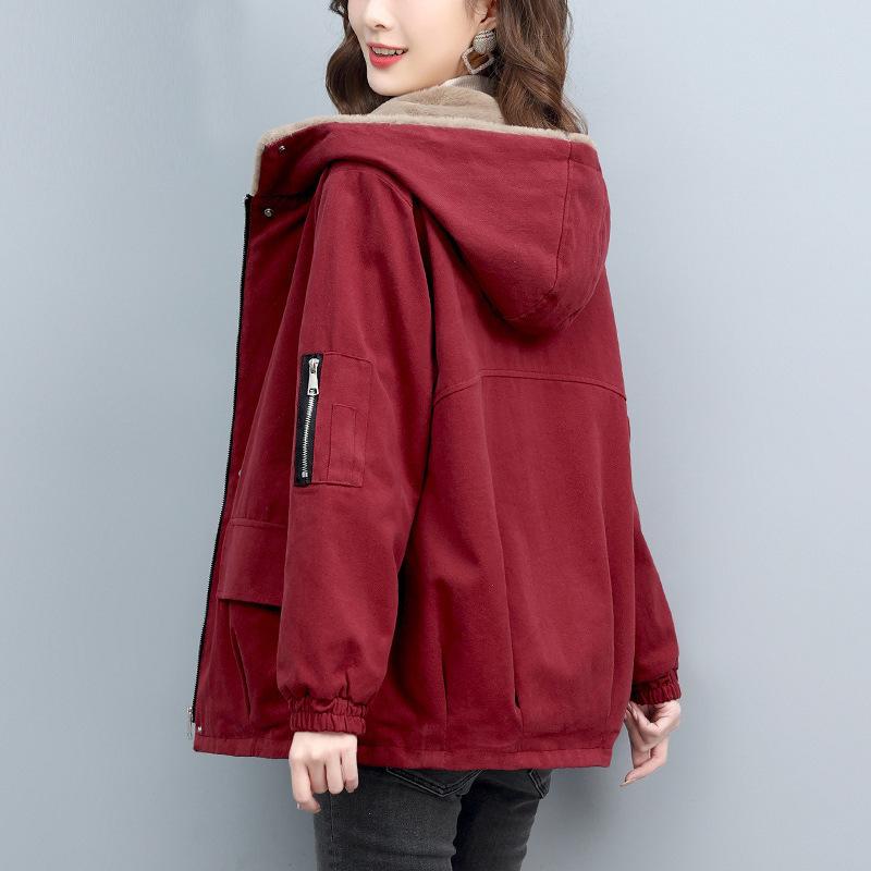 Damen Herbst- und Winter Cordparka Kleidung Kapuzenwattierte Jacke Wattierte Jacke Verdickte Plus Samt Jacke
