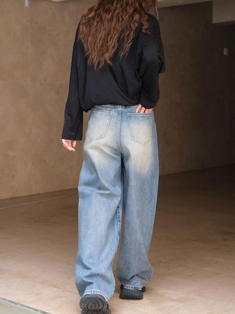 Louvre Retro Waxed Wide-Leg Jeans for Women - Autumn/Winter Fashionable Korean Style
