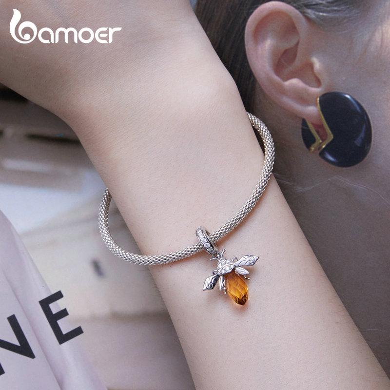 BAMOER 925 argint sterling galben albină agățată mărgele drăguță insectă pandantiv pentru femei colier brățară