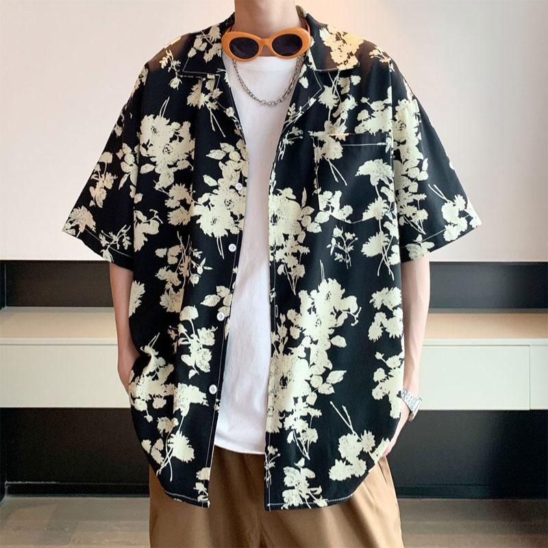

Винтажные рубашки с принтом сломанных цветов, летние, поло, свободные, мужская одежда, короткий рукав, модные, повседневные, однобортные рубашки 5XL чёрный