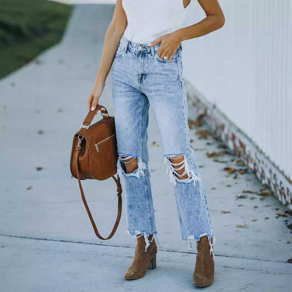 Women's High Waist Washed Women's Jeans Fashionable Versatile Straight Leg Pants