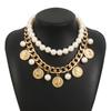 Tooxika Vintage Portrait Coin Queen Cameo Pendant Tassel Double Layer Pearls Collarbone Chain