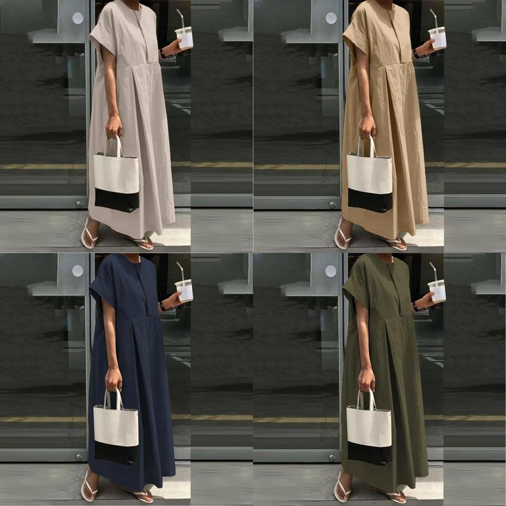 Cotton Linen Casual Long Dress With Round Neck And Short Sleeves For Summer Wear