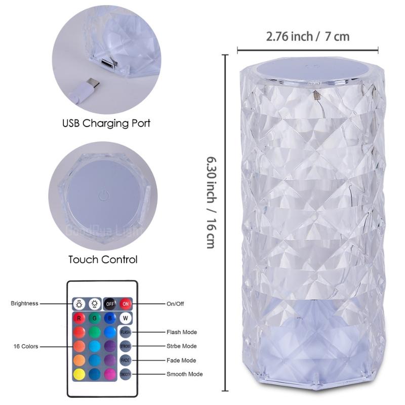 Round LED Crystal Table Lamp Touch Remote Control RGB Romantic Rose Colour Changing For Bedroom Bedside Decoration Night Lights