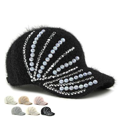 Handgjord Hatt Dam Höst Vinter Pärla Varm Basebollkeps Imitation Kaninpäls Diamant Stickad Mössa