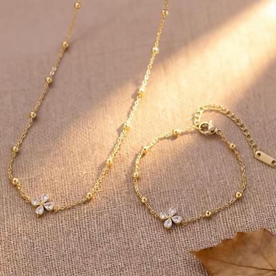 Chic Four-Leaf Clover Necklace & Zircon Titanium Steel Bracelet for Women – Non-Fading Jewelry