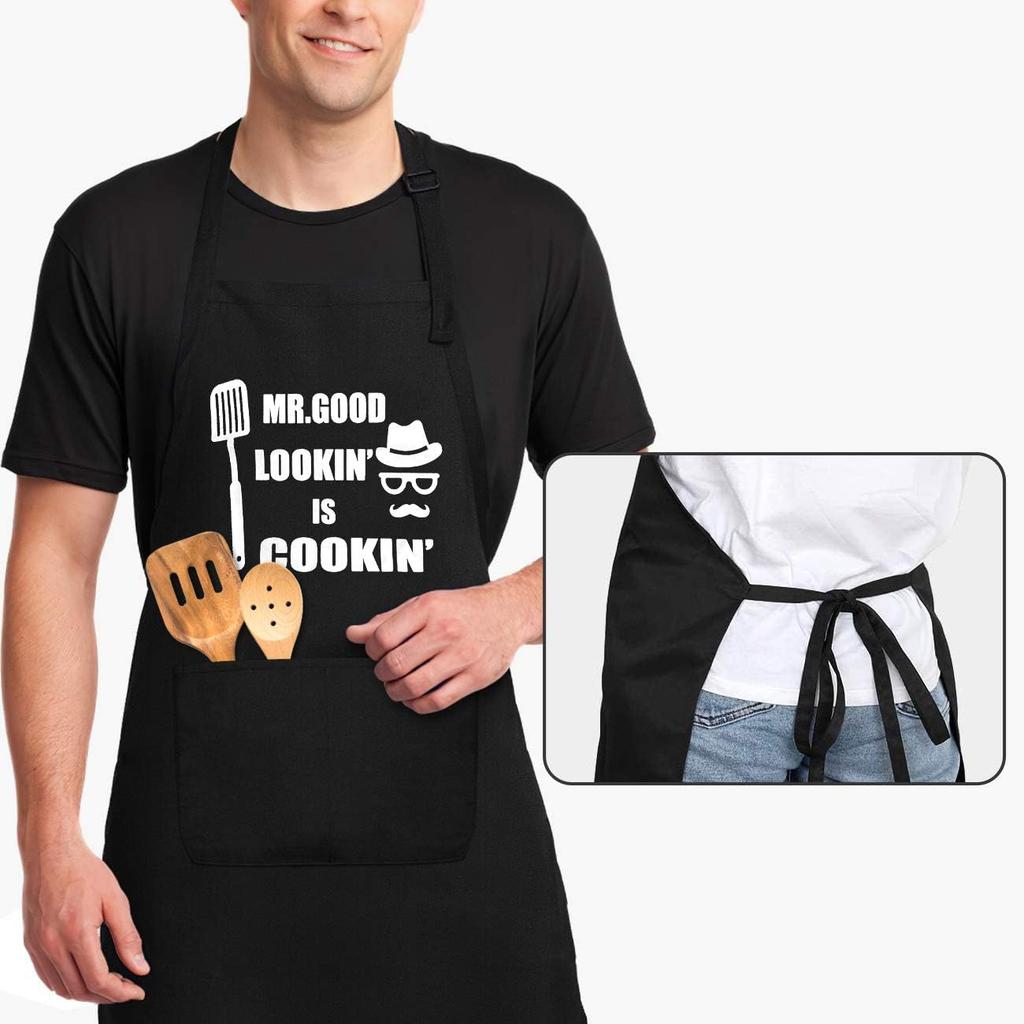 Aprons for Men, Mens Apron, Funny Chef Aprons for Men, Mr. Good Lookin' is Cookin’, Use for BBQ Grill Father's Day and Husband Birthday Gifts for