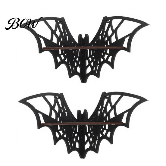 Curio Display Shelf Halloween Bat Corner Shelf, Decorative Wooden Wall Mount Crystal Holder Spiderweb Design Gothic Floating Rack for Home,