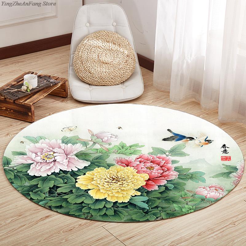 Rond Chinese Stijl Lotus Tapijt Chinese Schilderkunst Kunst Geprint Tapijt Woonkamer Slaapkamer Decoratie Tapijt Bedside Antislip Vloermat