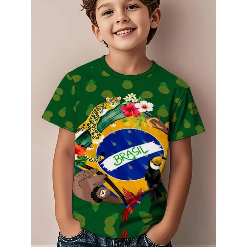 Summer New Boys Rainforest Animal Football Print Sports Short Sleeve T-Shirt Street Harajuku Style Children's Clothing Boys Tops