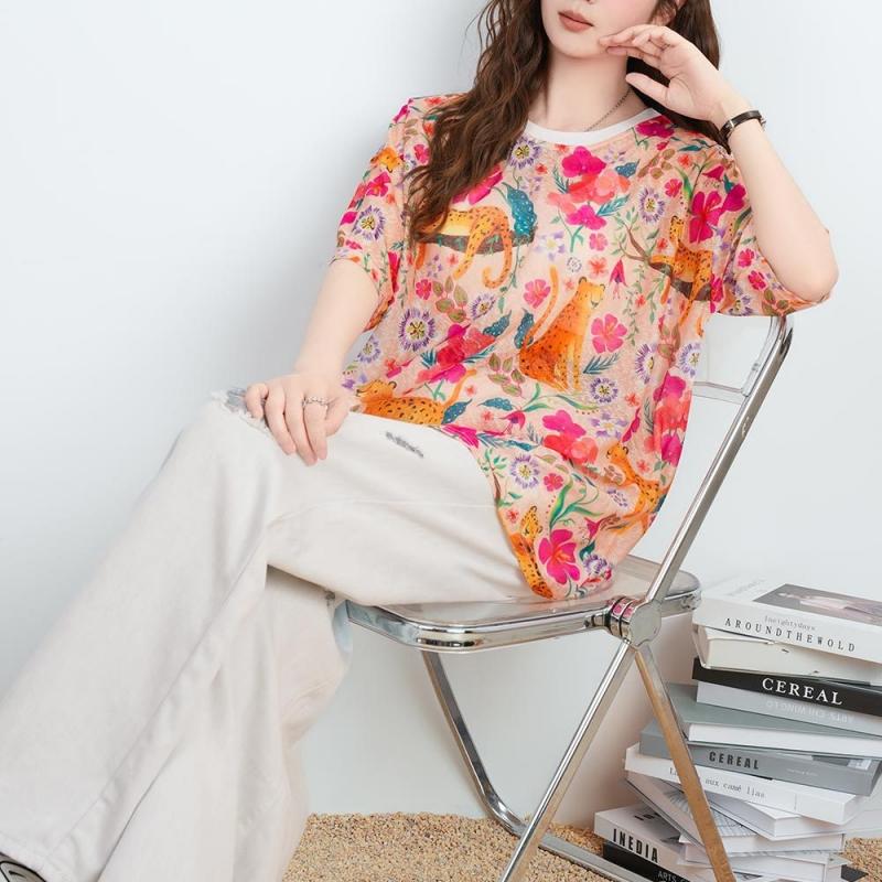 DIMANAF 2026 Plus Size Summer Beach Women Tees T-Shirts Casual Lady Tops Tunic Shirt Oversize Loose Floral Print Knitted