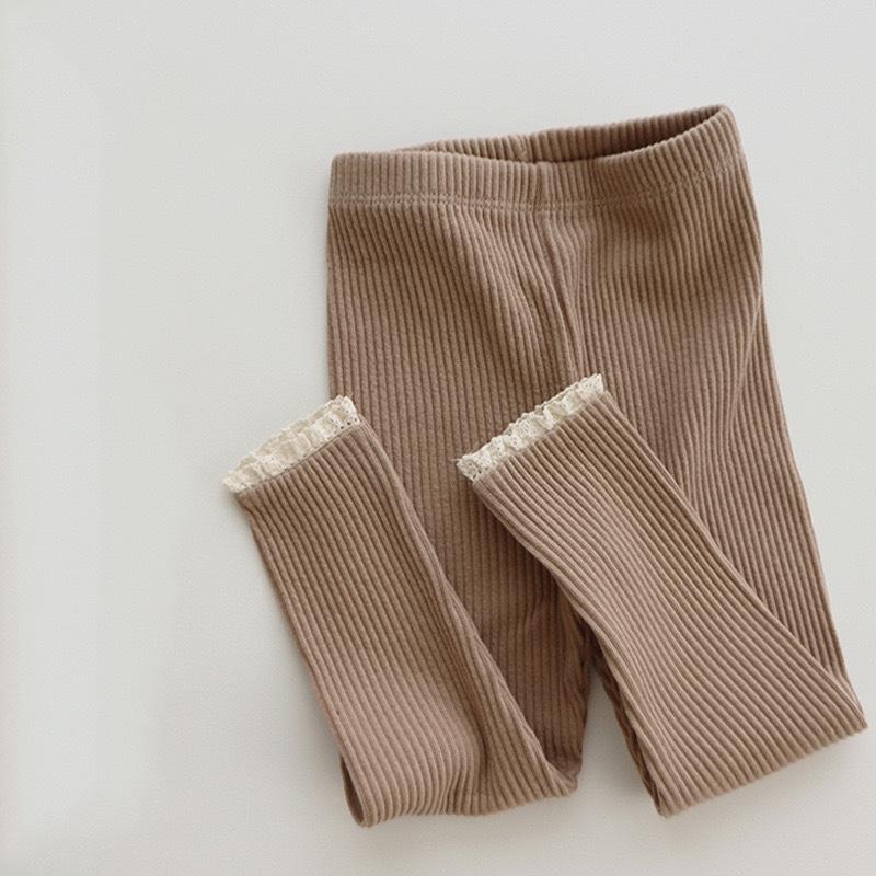 Korean Style Girls' Cotton Leggings with Striped Lace, High Elasticity, Spring/Autumn Trousers for Little Girls