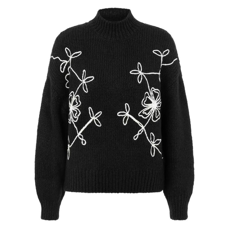 

Fashion Russia Autumn and Winter Knitting Embroidered Mock Neck Sweater Knitted Embroidered Sweater Black All yards