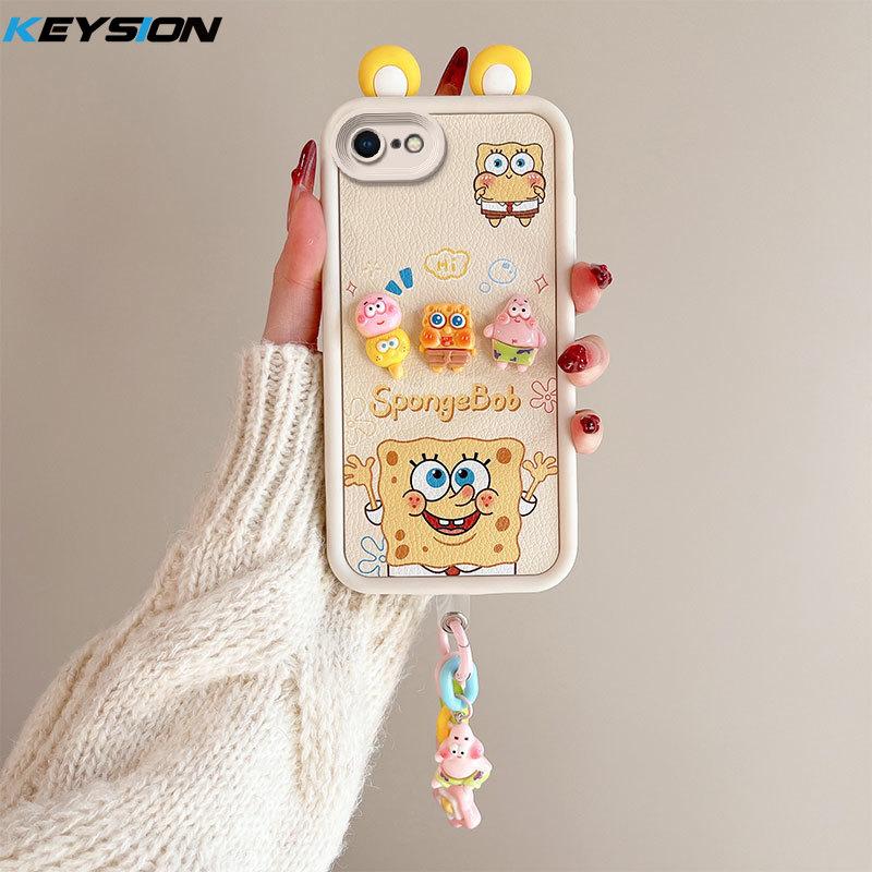 KEYSION Cute Ear 3D Cartoon Case for iPhone SE 2020 2022 with Bracelet Silicone Shockproof Phone Cover for iPhone 8 7 6s Plus