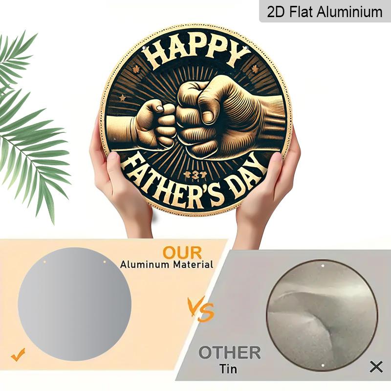 2D Flat, 1pc Round Aluminum Happy Father's Day Sign, Vintage Fist Bump Dad & Child Design, Retro Gold & Black Wall Decor, Waterproof & Durable